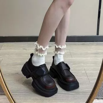 Маленькие кожаные туфли Весенние туфли-муффины с толстой подошвой в стиле ретро, повседневные туфли Hundred with Rough with Le Fu Shoes Female 35 коричневый