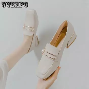 Маленькие кожаные туфли в британском стиле. Женские туфли на толстом каблуке. Женские повседневные тапочки. 35 бежевый