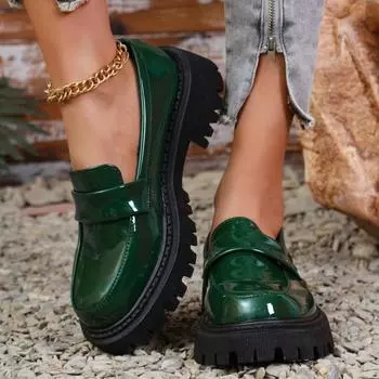 Маленькие кожаные туфли в британском стиле, женская осень 2024 года, новые туфли с одной педалью, круглая толстая подошва, увеличивающая высоту, модные одинарные туфли 35 зелёный