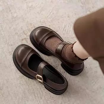 Маленькие кожаные туфли в британском стиле, женские, ретро, универсальные, на среднем каблуке, черные, на платформе, с одной педалью 38 чёрный