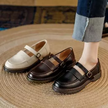 Маленькие кожаные туфли в британском стиле, женские туфли на платформе, толстый каблук-маффин, туфли в студенческом стиле с коротким носком и пряжкой в виде одного слова, форменные туфли 35