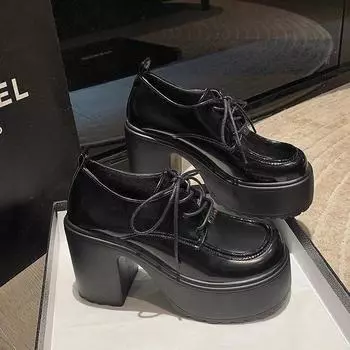 Маленькие кожаные туфли в британском стиле, женская обувь на осень 2024 года, новые туфли Мэри Джейн в стиле ретро с круглым носком на платформе, толстые туфли на высоком каблуке со шнуровкой 35