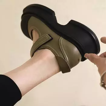 Маленькие кожаные туфли в японском стиле на толстой подошве. Женские осенние новые туфли Мэри Джейн с застежкой-липучкой на толстом каблуке и круглой головкой. 39 зелёный