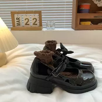 Маленькие кожаные туфли в японском стиле Jk, женские туфли в британском стиле, бисквит на толстой подошве, французские нишевые туфли Мэри Джейн, высокие каблуки, толстый каблук, черные летние 35 чёрный