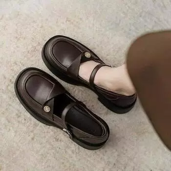 Маленькие кожаные туфли в стиле колледжа с толстой подошвой, женские осенние туфли Мэри Джейн Сто с туфлями Lefou A Footstroke Single 35 коричневый