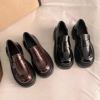 Маленькие кожаные туфли в стиле преппи, толстая подошва, черный массивный каблук, универсальные настоящие кожаные мокасины 35 чёрный