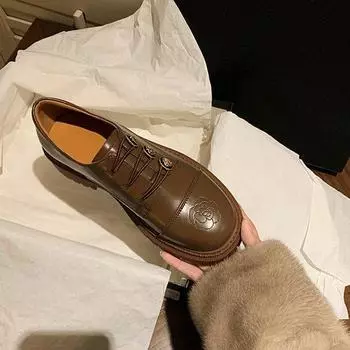 Маленькие кожаные туфли в стиле ретро в английском стиле с толстой подошвой, женские, весна-осень, студенческий стиль, черные туфли Le Fu, одинарные туфли на толстом каблуке 35 коричневый