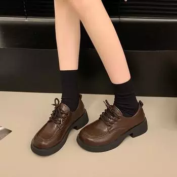 Маленькие кожаные туфли в студенческом стиле с толстой подошвой, женские мокасины на шнуровке, модные туфли для девочек в стиле ретро коричневого цвета Jk Uniform Shoes Single Shoes 35 чёрный