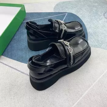 Маленькие кожаные туфли весна-лето британский стиль квадратная платформа маффин лоферы женские съемные цепные одинарные туфли 35 чёрный