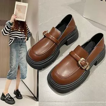 Маленькие кожаные туфли женские модели британские модели пряжка пряжка сотня с толстой подошвой туфли Lefou черные женские туфли туфли 35 светло-коричневого