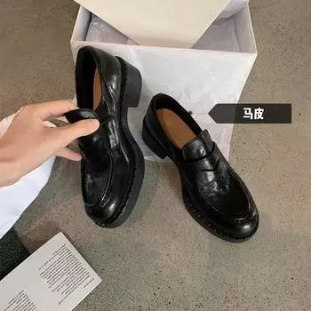 Маленькие кожаные туфли женские ретро британский стиль одинарные туфли кожаные одинарные туфли толстый каблук лоферы осень и зима новые модели взрыв 35