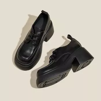 Маленькие кожаные туфли женские туфли Wild Platform Loafers Толстые высокие каблуки черные женские туфли 34