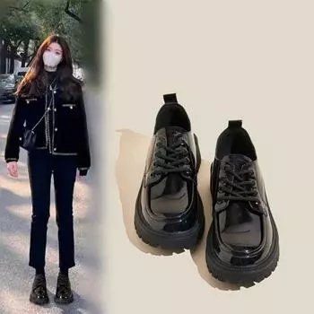Маленькие кожаные туфли женские в британском стиле весна и осень 2024 новые модные черные универсальные туфли на толстой подошве со шнуровкой женские туфли 35
