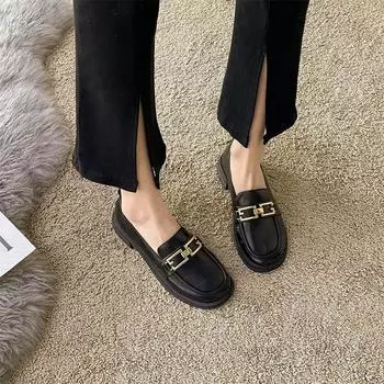 Маленькие кожаные туфли женские в британском стиле черные мокасины на плоской подошве летние новые туфли 2025 года с одной педалью рабочие туфли Doudou 35 чёрный