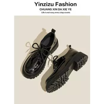 Маленькие кожаные туфли женские в стиле преппи со шнуровкой универсальные туфли на платформе повседневные лоферы из натуральной кожи 35 чёрный