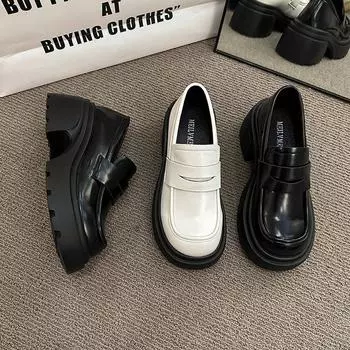 Маленькие кожаные туфли женские весенние черные туфли Lefou на толстой подошве ретро-туфли 35 бежевый