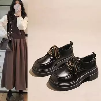 Маленькие кожаные туфли женские весна и осень новые толстые подошвы на шнуровке одинарные туфли универсальные туфли для поездок на работу Jk туфли для увеличения роста Mary Jane 35
