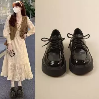 Маленькие кожаные туфли женские весна и осень ретро черные дикие одинарные туфли на шнуровке Le толстые туфли Le Fu 35 насыщенный черный