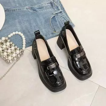 Маленькие кожаные туфли женские весна новая кожа на высоком каблуке универсальные на толстой подошве на толстом каблуке темпераментные одинарные туфли 35 чёрный