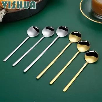 Маленькие круглые ложки из нержавеющей стали, кофейные ложки с титановым покрытием, ложки для перемешивания с длинной ручкой Ложки с милой чашкой Mark Подарочные ложки