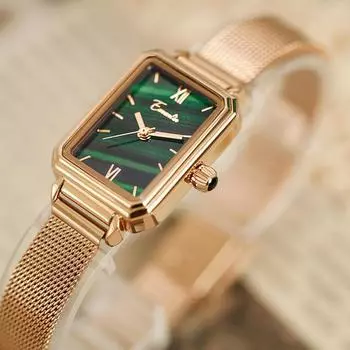 Маленькие квадратные часы Новые женские часы British Niche Retro Square Plate Malachite Texture Маленькие зеленые часы