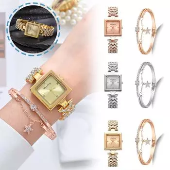 Маленькие квадратные часы с бриллиантами. Женские кварцевые часы. Комбинированный набор часов со звездным браслетом.