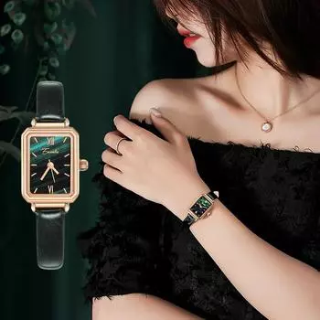 Маленькие квадратные часы, Simple Temperament, квадратные женские часы, текстурированный циферблат цвета павлиньего зеленого цвета, маленькие зеленые часы