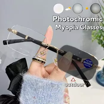 Маленькие квадратные очки для изменения цвета, деловые очки высокого класса для близорукости, модные фотохромные очки без оправы для близорукости 0 золотой