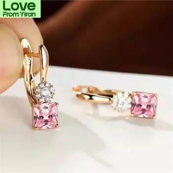 Маленькие квадратные серьги с радужным цирконием, изящные свадебные серьги цвета розового золота, женские роскошные серьги-кольца с кристаллами для женщин красный