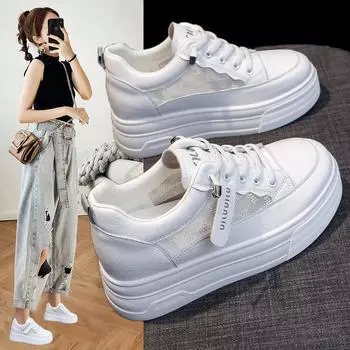 Маленькие, на толстой подошве, сетка, увеличивающая рост, белые туфли, женские летние универсальные, дышащие, для спорта и отдыха на доске. 35