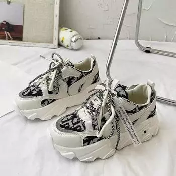 Маленькие ножки папы обувь женские новые принтованные толстые кроссовки мода универсальная женская обувь 35 чёрный