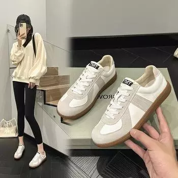 Маленькие одинарные туфли на толстой подошве, кожаные кроссовки, повседневные туфли De Training, белые туфли, женская обувь 35 бежевый