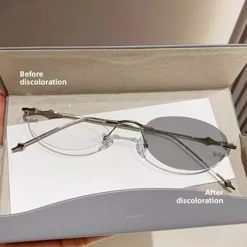 Маленькие овальные фотохромные очки для близорукости Женские Мужские Модные Безободковые Очки с Минусовыми Диоптриями Трендовые Уличные Очки0-1.0-4.0 0 серебряный