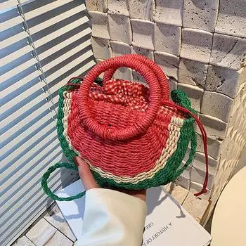 Маленькие плетеные сумки ручной работы, пляжные летние соломенные сумки, модные ротанговые сумки, симпатичные женские сумки через плечо с арбузом, женские плетеные сумки красный