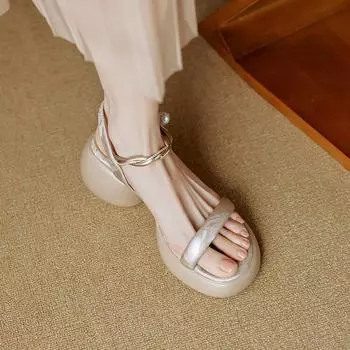 Маленькие простые босоножки на толстом каблуке с платформой, женские, лето 2024, новые однотонные туфли в римском стиле с открытым носком и высоким каблуком 35 абрикосовый