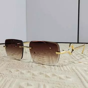 Маленькие прямоугольные круглые металлические солнцезащитные очки без оправы для мужчин, леопардовые солнцезащитные очки без оправы для женщин, винтажные очки серый