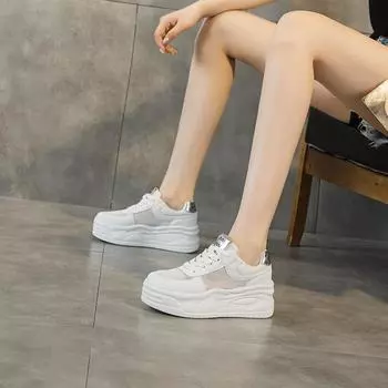 Маленькие размеры, натуральная кожа, кроссовки, женские, увеличивающие рост, разноцветные туфли на платформе, повседневные, сетчатые, белые туфли для женщин 32