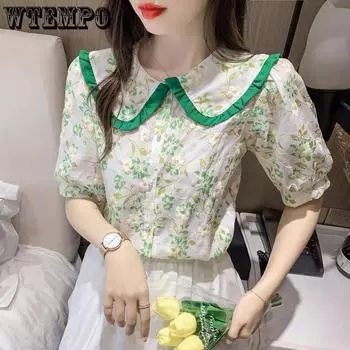 Маленькие рубашки с цветочным принтом и подходящим кукольным воротником. Летние женские топы. Модные и универсальные рубашки с короткими рукавами с лацканами. S зелёный