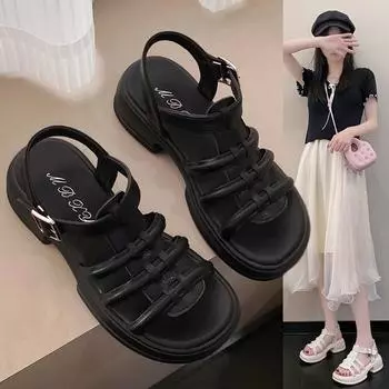 Маленькие сандалии с поднятой подошвой, женские летние повседневные универсальные пляжные туфли на массивном каблуке 35 чёрный