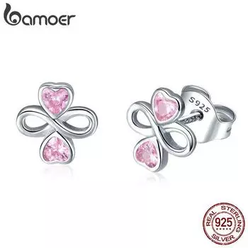 Маленькие серьги-гвоздики BAMOER из стерлингового серебра 925 пробы «Бесконечная любовь» с розовым сердцем и клевером