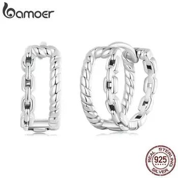 Маленькие серьги-кольца BAMOER из стерлингового серебра 925 пробы, белое золото 14 карат, покрытые двухслойной цепочкой, гипоаллергенные серьги-обнимашки SCE1702