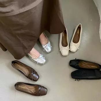 Маленькие серебристые туфли на плоской подошве для французских балеток Nana Home весна 2024 года, новые легкие туфли с бантом и квадратной головкой на мягкой подошве 35 чёрный