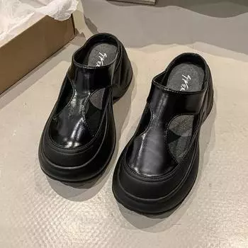 Маленькие шлепанцы с полым носком, женская уличная обувь, лето 2025, новинка, шлепанцы на толстой подошве, мюли, универсальные, повседневные, модные 35 чёрный