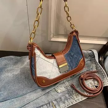 Маленькие сумки через плечо из джинсовой ткани и искусственной кожи для женщин, 2024 корейская модная сумка подмышками, женская сумка на плечо, сумки 25cmx20cmx7cm синий