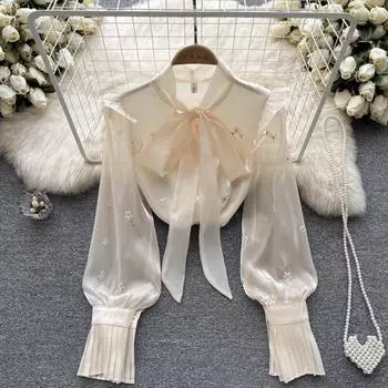Маленькие свежие милые топы Design Sense Niche French Short Gentle Senior Sense из шифона белой рубашки из органзы