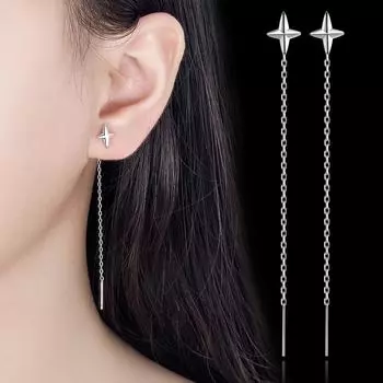 Маленькие свежие женские серьги в форме четырехконечной звезды с бахромой, милые серьги высокого класса.