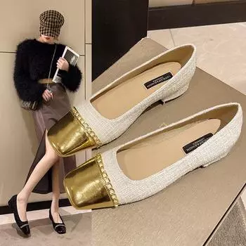 Маленькие туфли 2024 года, осень, новые, маленькие, ароматные, ветряные, квадратные, с металлической цепочкой, на толстом каблуке, женские 35 бежевый