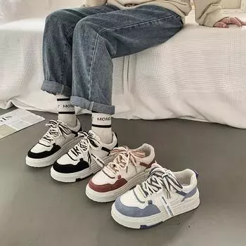 Маленькие весенние и осенние туфли для досок. Женские туфли для отдыха на толстой подошве. Маленькие белые туфли для студентов. Корейская обувь. Туфли на плоской доске. Модная повседневная женская обувь. 35