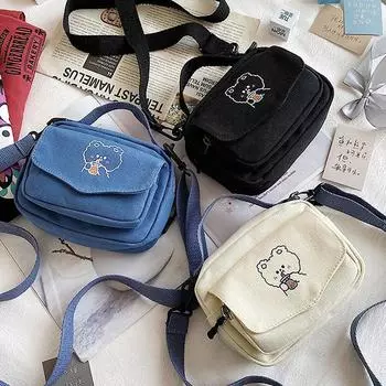 Маленькие женские холщовые сумки на ремне, корейский мультяшный принт, мини-ткань белый