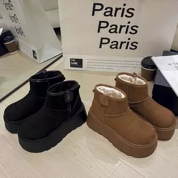 Маленькие зимние ботинки на толстой подошве женские 2024 года, новые зимние короткие хлопковые туфли с трубчатым голенищем, теплые бархатные туфли для хлеба 35 чёрный